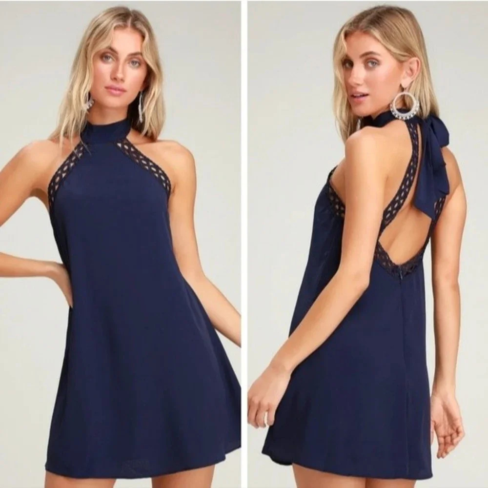 Lulus Dress Any Sway Shape Form Open Back Halter Shift Mini Dress Navy Blue XS